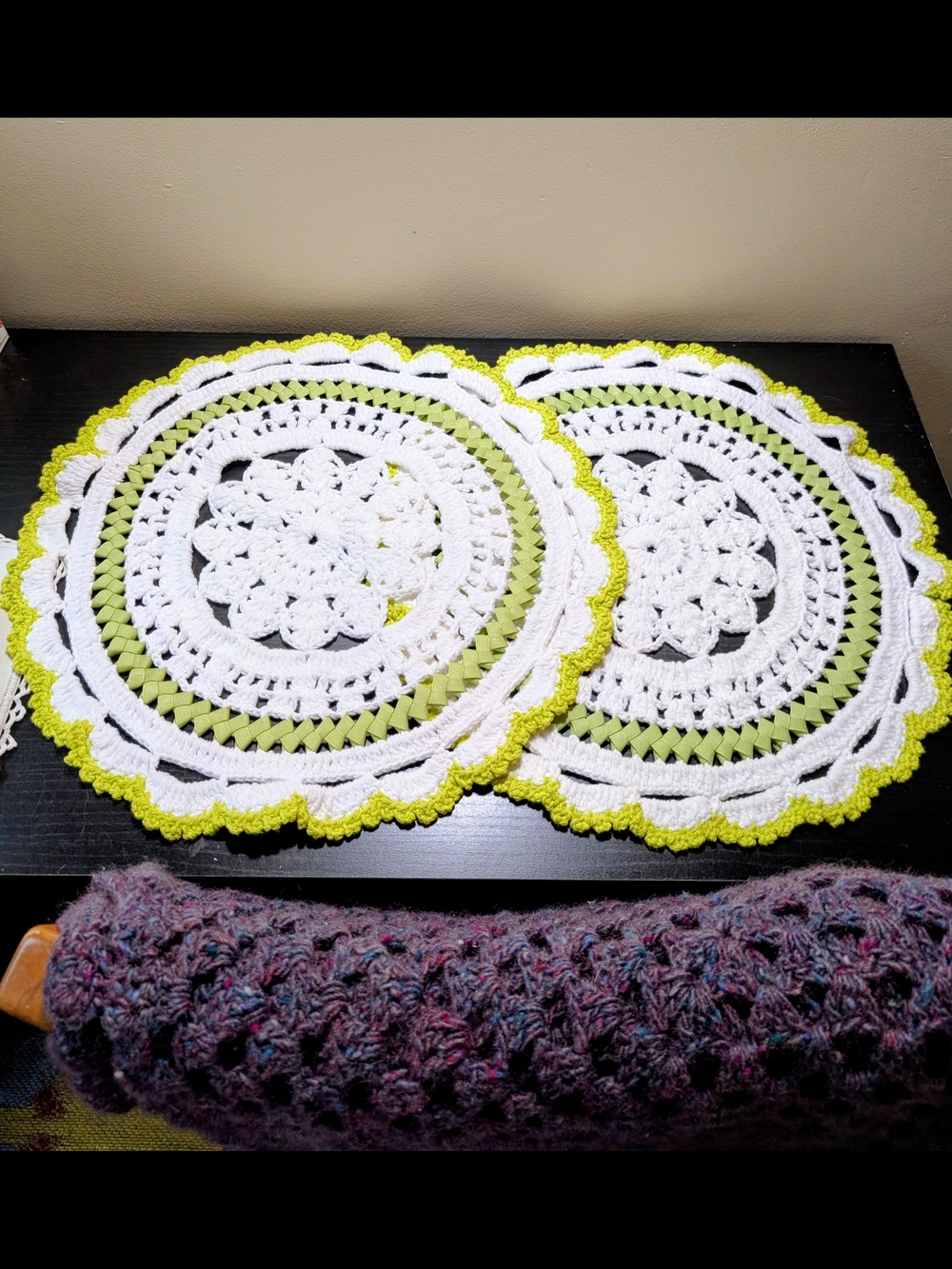 Two Handmade Crochet Round Doilies in White and Lime Green